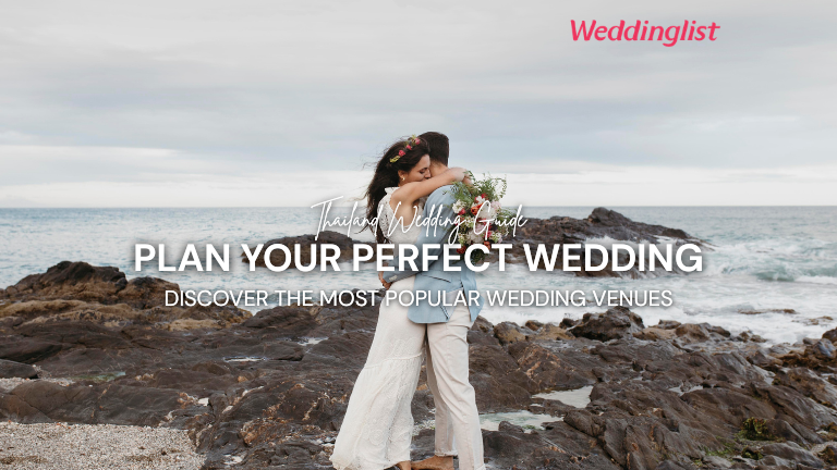 A newlywed couple embracing lovingly on a rocky seashore with the ocean backdrop, featuring a text overlay for the Ultimate Guide: Everything You Need to Know About Planning a Wedding in Thailand and the Most Popular Wedding Venues.
