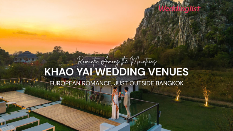 Weddinglist banner featuring a romantic couple on a sunset terrace with a scenic mountain backdrop for Romantic Among the Mountains, Khao Yai Wedding Venues — A European-Inspired Ambiance Just a Stone's Throw from Bangkok.