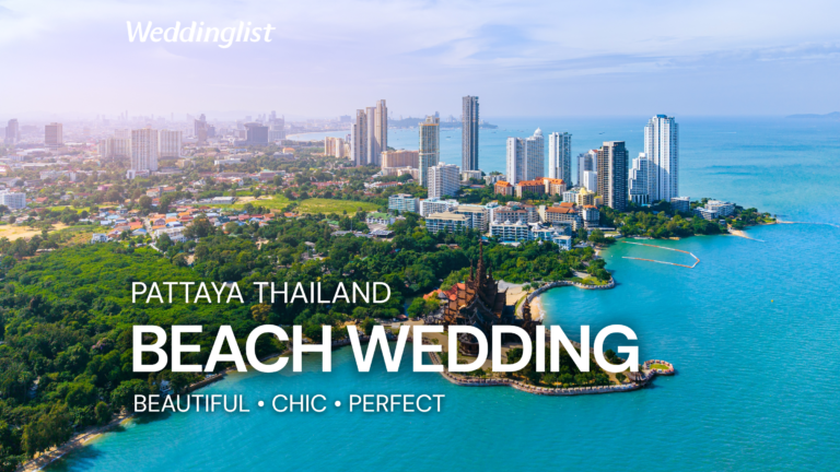 An aerial panoramic view of the Pattaya, Thailand coast, showcasing the city skyline, blue ocean, and the Sanctuary of Truth temple, with text overlay promoting a beautiful, chic Pattaya beachside wedding.