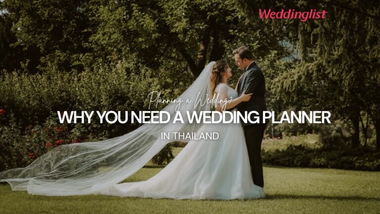 A romantic portrait of a bride in a white wedding gown with a long flowing veil and a groom in a dark suit embracing on a green lawn surrounded by trees, with a text overlay introducing the topic: Why Hire a Wedding Planner in Thailand? A Deep Dive into the Duties of a Professional Wedding Organizer.