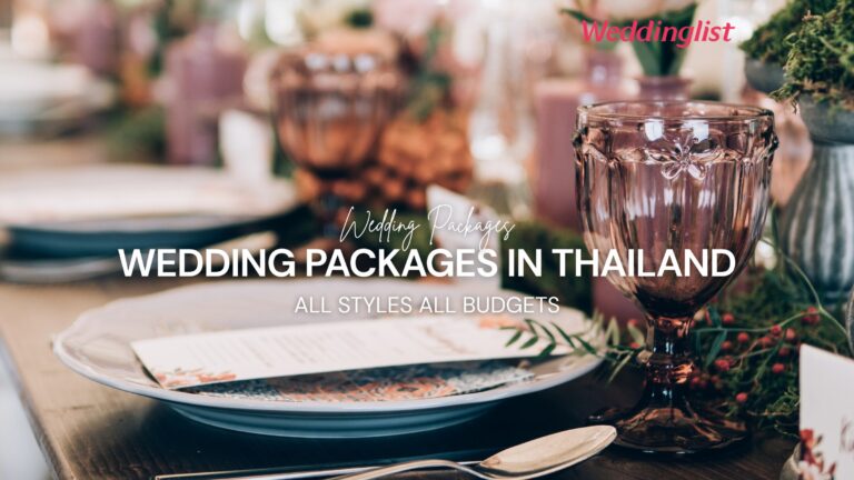 A close-up shot of an elegantly decorated wedding reception table featuring vintage-style purple glassware, a patterned plate with a menu card, rustic greenery, and a white text overlay promoting wedding planning packages in Thailand — all styles, all-inclusive for every budget.